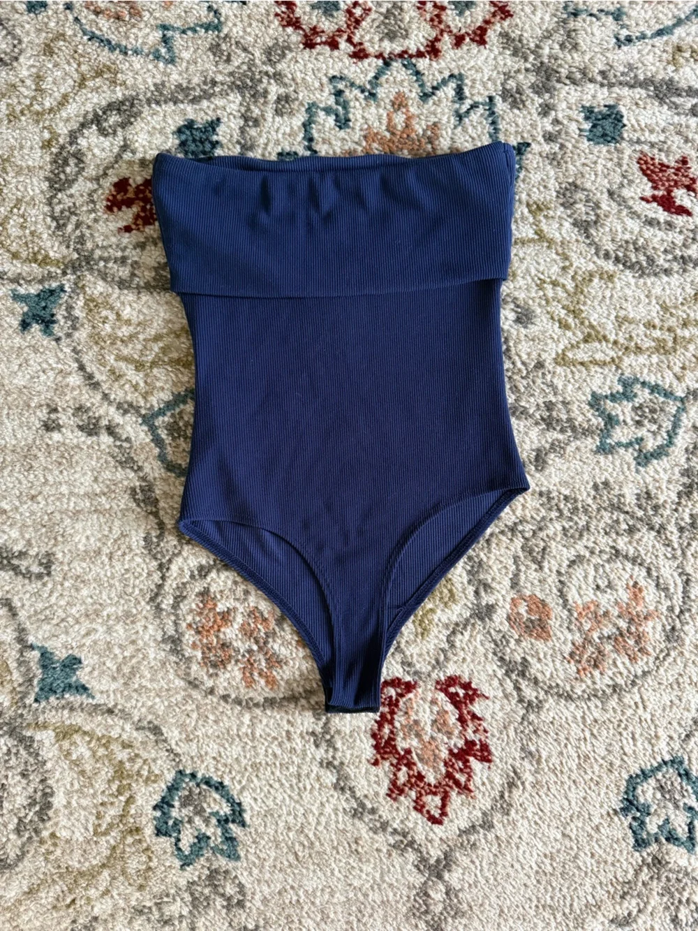 Woman’s Navy Blue One-Piece Tube Top Bodysuit, Snap Closure, Thong, Size Small